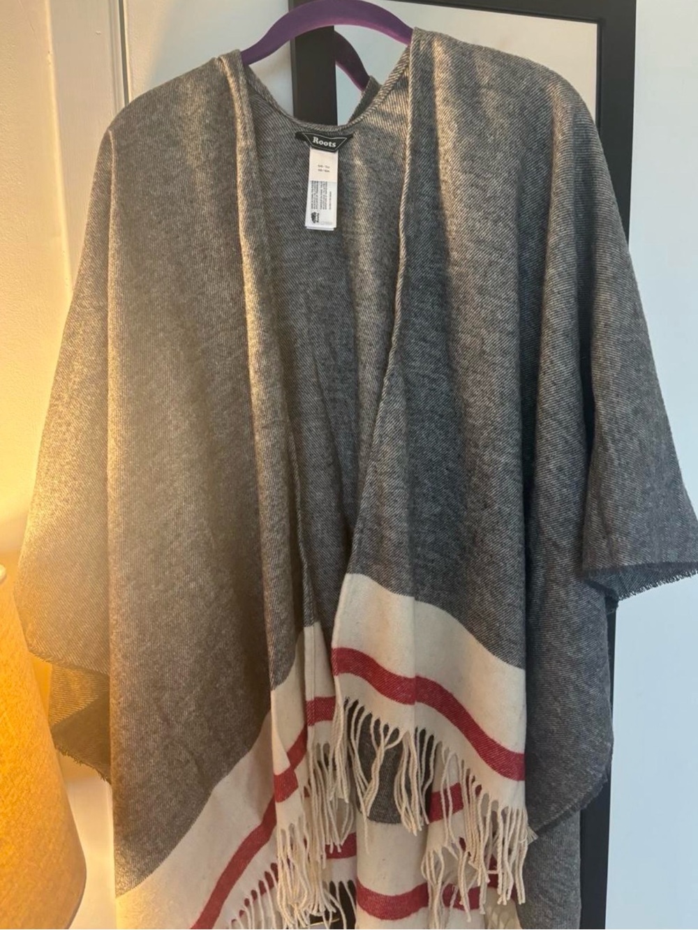 Roots Canada Shawl with Cream and Red Fringe